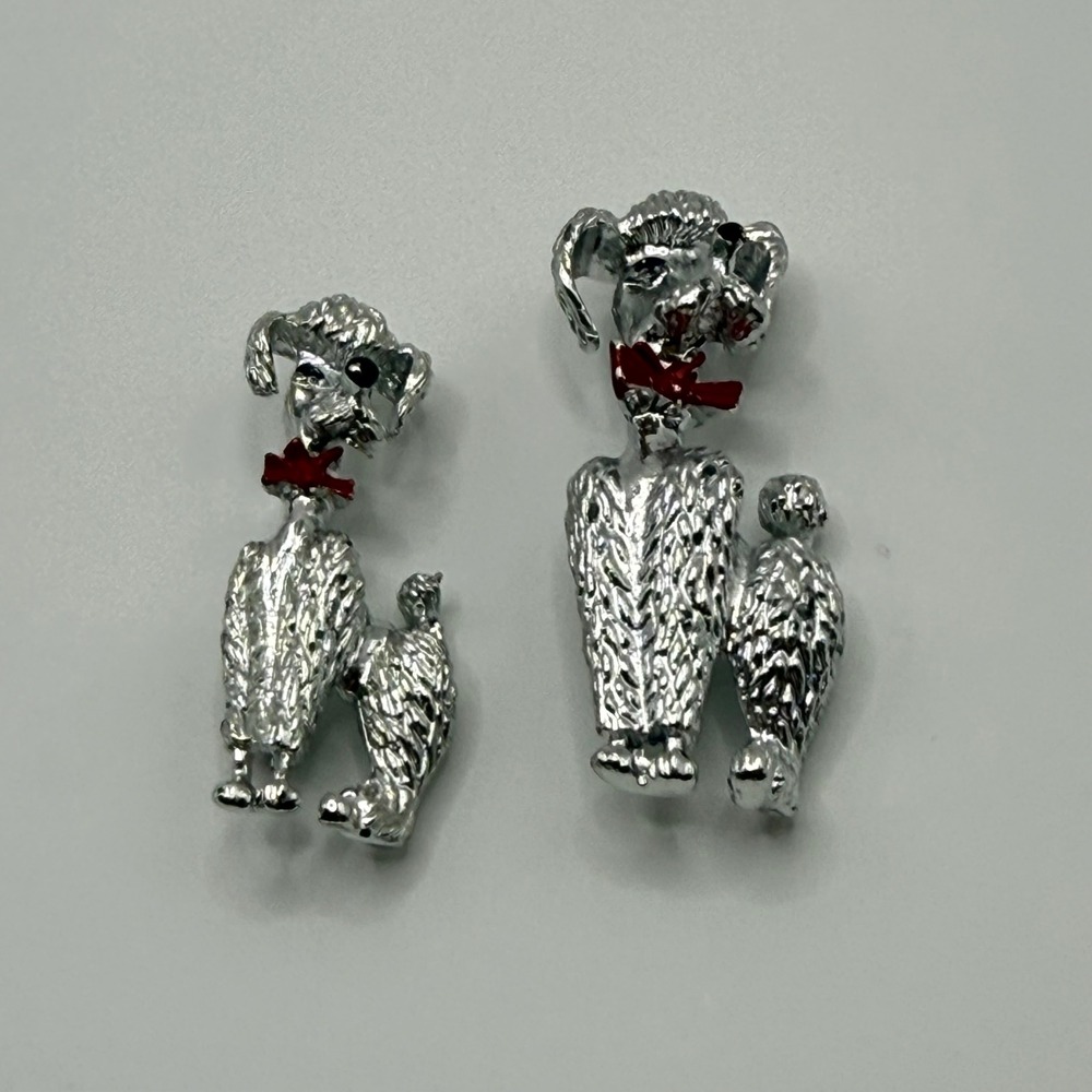 Vintage Style Silver Tone Poodle Brooch Set Red Enamel Bow Rhinestone Eye 2pc
